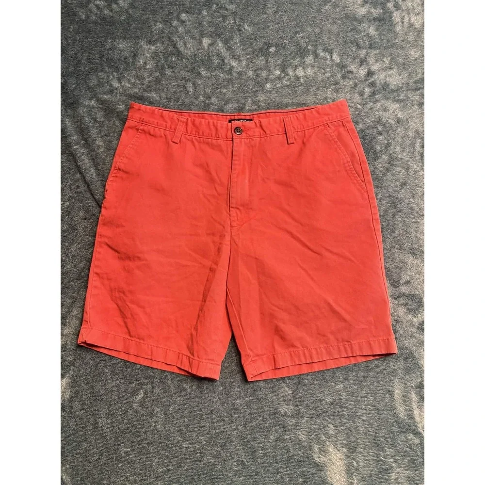 Nautica Mens Chino Shorts 34 Red 100% Cotton Flat Front Casual 9in Inseam